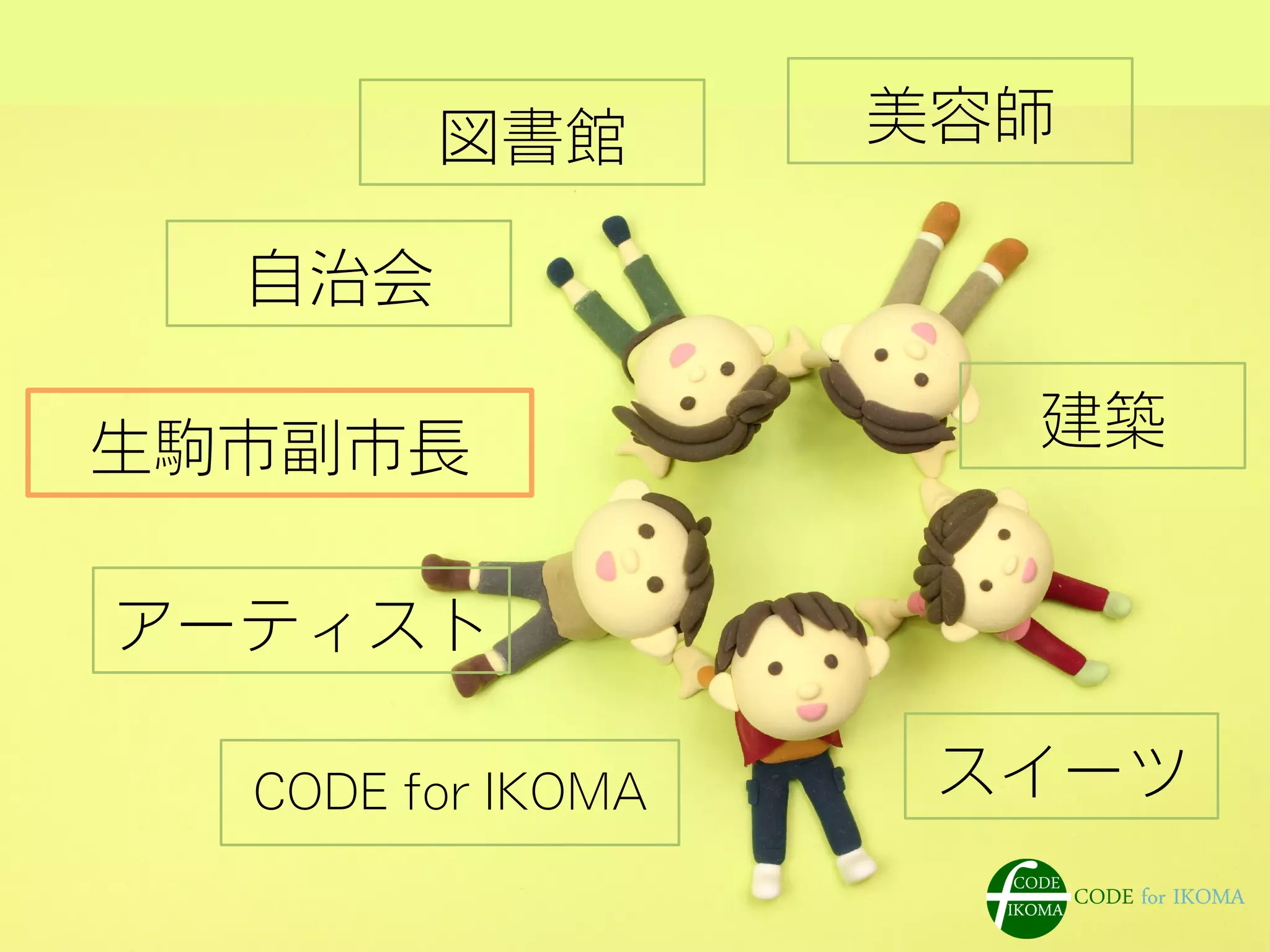 生駒市副市長
CODE for IKOMA
アーティスト
美容師
自治会
建築
スイーツ
図書館
 