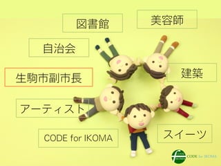 生駒市副市長
CODE for IKOMA
アーティスト
美容師
自治会
建築
スイーツ
図書館
 