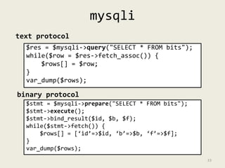 mysqli 
text protocol 
$res = $mysqli->query("SELECT * FROM bits"); 
while($row = $res->fetch_assoc()) { 
$rows[] = $row; ...