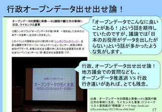 17
17
行政オープンデータ出せ出せ論！
出典：トイレこんしぇる
http://fukuno.jig.jp/2012/wcconcierge
出典：オープンデータの課題と実像──EU諸国や鯖
江市の事例に注目、ライセンスも重要: ITジャーナ
リスト星暁雄の"情報論"ノート http://hoshi.air-
nifty.com/diary/2012/06/eu-cb4e.html
行政、オープンデータ出せ出せ論！
地方議会での質問なども。。
オープンデータ推進派 VS 行政
行き違いがあれば、とても残念。
「オープンデータでこんなに良い
ことがある！」という話を期待し
ていたのですが、議論では「日
本のお役所がデータを出したが
らない」という話が多かったよう
な気がします。
 