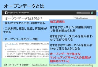 3
3
オープンデータとは
出典：オープンデータとは何か? — Open Data Handbook http://opendatahandbook.org/ja/what-is-open-data/index.html
・誰もがアクセスでき、利用できる
・二次利用、複製、改変、再配布が
できる
・オープンソースのデータ版
相互運用性
さまざまなシステムや組織が共同
で作業を進められる
さまざまなデータセットを組み合わ
せて混ぜて使える
さまざまなコンポーネントを組み合
わせて使えるようになる
オープンデータで様々な
マッシュアップサービスの進展が
期待されている
 