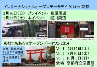 30
インターナショナルオープンデータデイ 2014 in 京都
2月16日（日） プレイベント 島原周辺
2月22日（土） 本イベント 堀川周辺
京都まちあるきオープンデータソン2014
Vol.1 7月12日（土）
Vol.2 8月30日（土）
Vol.3 10月 5日（日）
会場 京都府立図書館
京都 岡崎地域
２ヶ月に１回開催
地元協議会と
連携
 