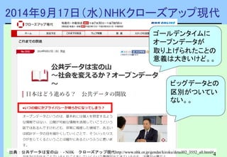 4
4
2014年9月17日（水）NHKクローズアップ現代
出典：公共データは宝の山 - NHK クローズアップ現代http://www.nhk.or.jp/gendai/kiroku/detail02_3552_all.html#
ゴールデンタイムに
オープンデータが
取り上げられたことの
意義は大きいけど。。
ビッグデータとの
区別がついてい
ない。。
 