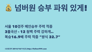 ! 넘버원 승부 파워 있게! 
서울 10경주 메인승부 주력 적중 
3불곡산 - 12 청백 주력 강하게.. 
복승16.9배 주력 적중 “쌍식 32.7” 
©춘풍경마 2014/10/11(토) http://follow999.com 
 