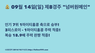 ! 09월 14일(일) 제8경주 "넘버원메인" 
인기 7위 1마이티홍콩 축으로 승부! 
3피스로이 - 1마이티홍콩 주력 적중! 
복승 18.9배 주력 완짱 적중! 
©춘풍경마 2014/10/11(토) http://follow999.com 
 