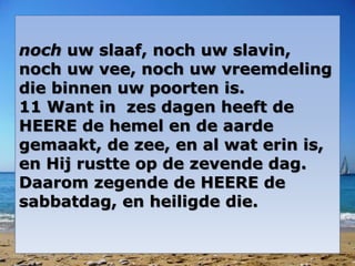 noch uw slaaf, noch uw slavin, 
noch uw vee, noch uw vreemdeling 
die binnen uw poorten is. 
11 Want in zes dagen heeft de 
HEERE de hemel en de aarde 
gemaakt, de zee, en al wat erin is, 
en Hij rustte op de zevende dag. 
Daarom zegende de HEERE de 
sabbatdag, en heiligde die. 
 