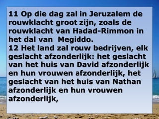 11 Op die dag zal in Jeruzalem de 
rouwklacht groot zijn, zoals de 
rouwklacht van Hadad-Rimmon in 
het dal van Megiddo. 
12 Het land zal rouw bedrijven, elk 
geslacht afzonderlijk: het geslacht 
van het huis van David afzonderlijk 
en hun vrouwen afzonderlijk, het 
geslacht van het huis van Nathan 
afzonderlijk en hun vrouwen 
afzonderlijk, 
 