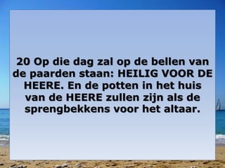 20 Op die dag zal op de bellen van 
de paarden staan: HEILIG VOOR DE 
HEERE. En de potten in het huis 
van de HEERE zullen zijn als de 
sprengbekkens voor het altaar. 
 