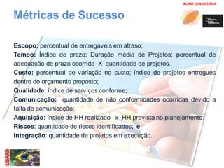 KLIRM CONSULTORIA 
Métricas de Sucesso 
Escopo: percentual de entregáveis em atraso; 
Tempo: Índice de prazo; Duração média de Projetos; percentual de 
adequação de prazo ocorrida X quantidade de projetos. 
Custo: percentual de variação no custo; índice de projetos entregues 
dentro do orçamento proposto; 
Qualidade: índice de serviços conforme; 
Comunicação: quantidade de não conformidades ocorridas devido a 
falta de comunicação; 
Aquisição: índice de HH realizado x HH prevista no planejamento; 
Riscos: quantidade de riscos identificados; e 
Integração: quantidade de projetos em execução. 
 