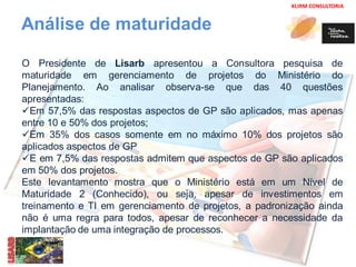 KLIRM CONSULTORIA 
Análise de maturidade 
O Presidente de Lisarb apresentou a Consultora pesquisa de 
maturidade em gerenciamento de projetos do Ministério do 
Planejamento. Ao analisar observa-se que das 40 questões 
apresentadas: 
Em 57,5% das respostas aspectos de GP são aplicados, mas apenas 
entre 10 e 50% dos projetos; 
Em 35% dos casos somente em no máximo 10% dos projetos são 
aplicados aspectos de GP 
E em 7,5% das respostas admitem que aspectos de GP são aplicados 
em 50% dos projetos. 
Este levantamento mostra que o Ministério está em um Nível de 
Maturidade 2 (Conhecido), ou seja, apesar de investimentos em 
treinamento e TI em gerenciamento de projetos, a padronização ainda 
não é uma regra para todos, apesar de reconhecer a necessidade da 
implantação de uma integração de processos. 
 