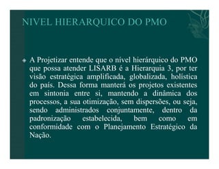  A Projetizar entende que o nível hierárquico do PMO 
que possa atender LISARB é a Hierarquia 3, por ter 
visão estratégica amplificada, globalizada, holística 
do país. Dessa forma manterá os projetos existentes 
em sintonia entre si, mantendo a dinâmica dos 
processos, a sua otimização, sem dispersões, ou seja, 
sendo administrados conjuntamente, dentro da 
padronização estabelecida, bem como em 
conformidade com o Planejamento Estratégico da 
Nação. 
 