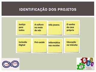 Justiça para todos 
A cultura no meio de nós 
O sonho da casa própria 
Info jovens 
IDENTIFICAÇÃO DOS PROJETOS 
Inclusão Digital 
Pró-saúde 
Educação no trânsito 
Informática nas escolas 
ACTION CONSULT 
P M O 
LISARB  