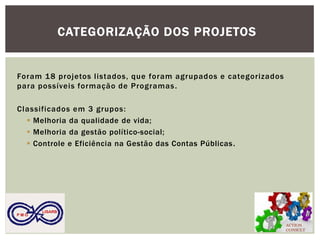 Foram 18 projetos listados, que foram agrupados e categorizados para possíveis formação de Programas. 
Classificados em 3 grupos: 
Melhoria da qualidade de vida; 
Melhoria da gestão político-social; 
Controle e Eficiência na Gestão das Contas Públicas. 
CATEGORIZAÇÃO DOS PROJETOS 
ACTION CONSULT 
P M O 
LISARB  
