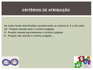 As notas foram distribuídas considerando os valores 0, 5 e 10 onde: 
10 : Projeto atende bem o critério julgado; 
5 : Projeto atende parcialmente o critério julgado; 
0 : Projeto não atende o critério julgado; 
CRITÉRIOS DE ATRIBUIÇÃO 
ACTION CONSULT 
P M O 
LISARB  