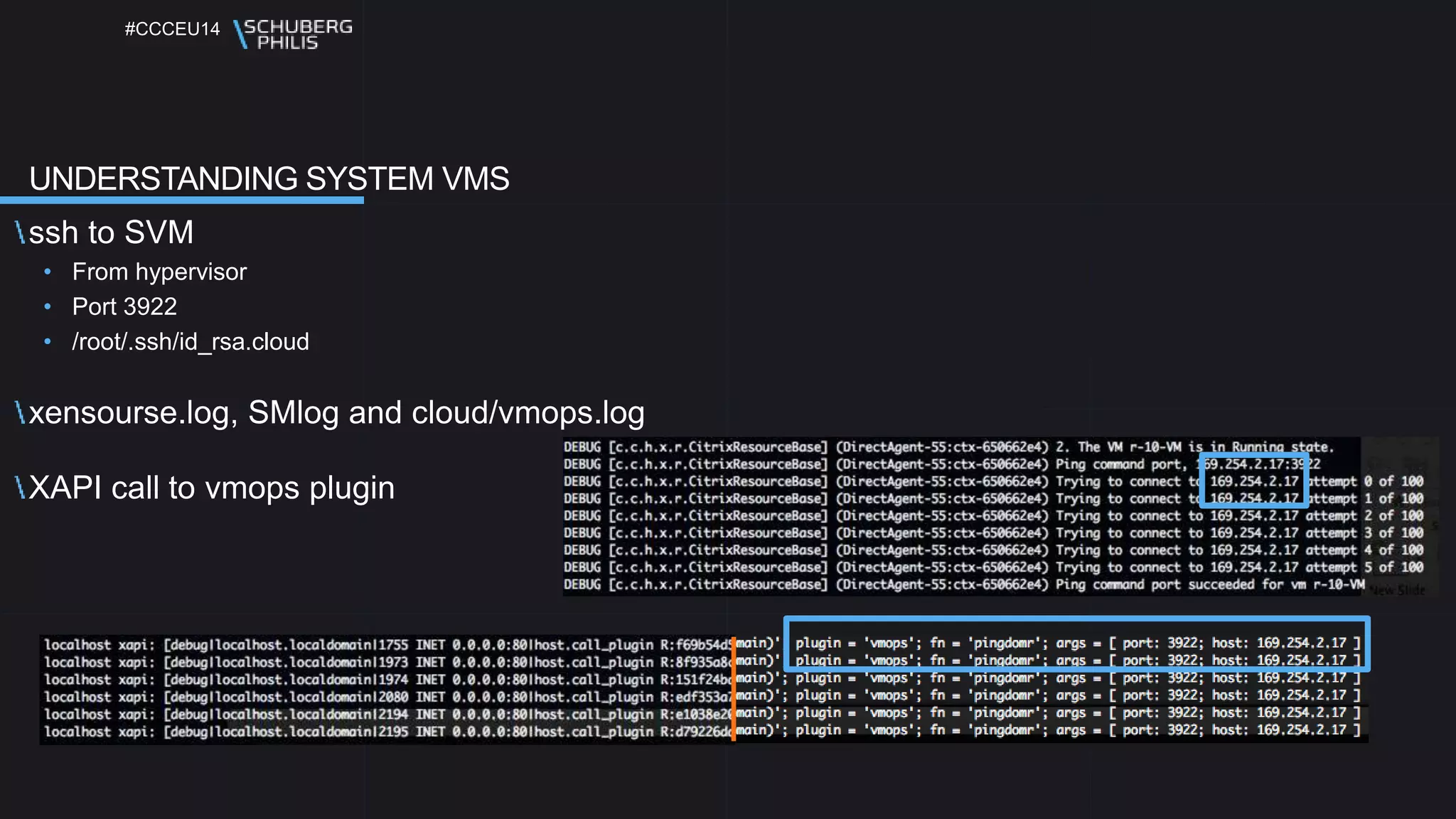 #CCCEU14
UNDERSTANDING SYSTEM VMS
ssh to SVM
• From hypervisor
• Port 3922
• /root/.ssh/id_rsa.cloud
xensourse.log, SMlog and cloud/vmops.log
XAPI call to vmops plugin