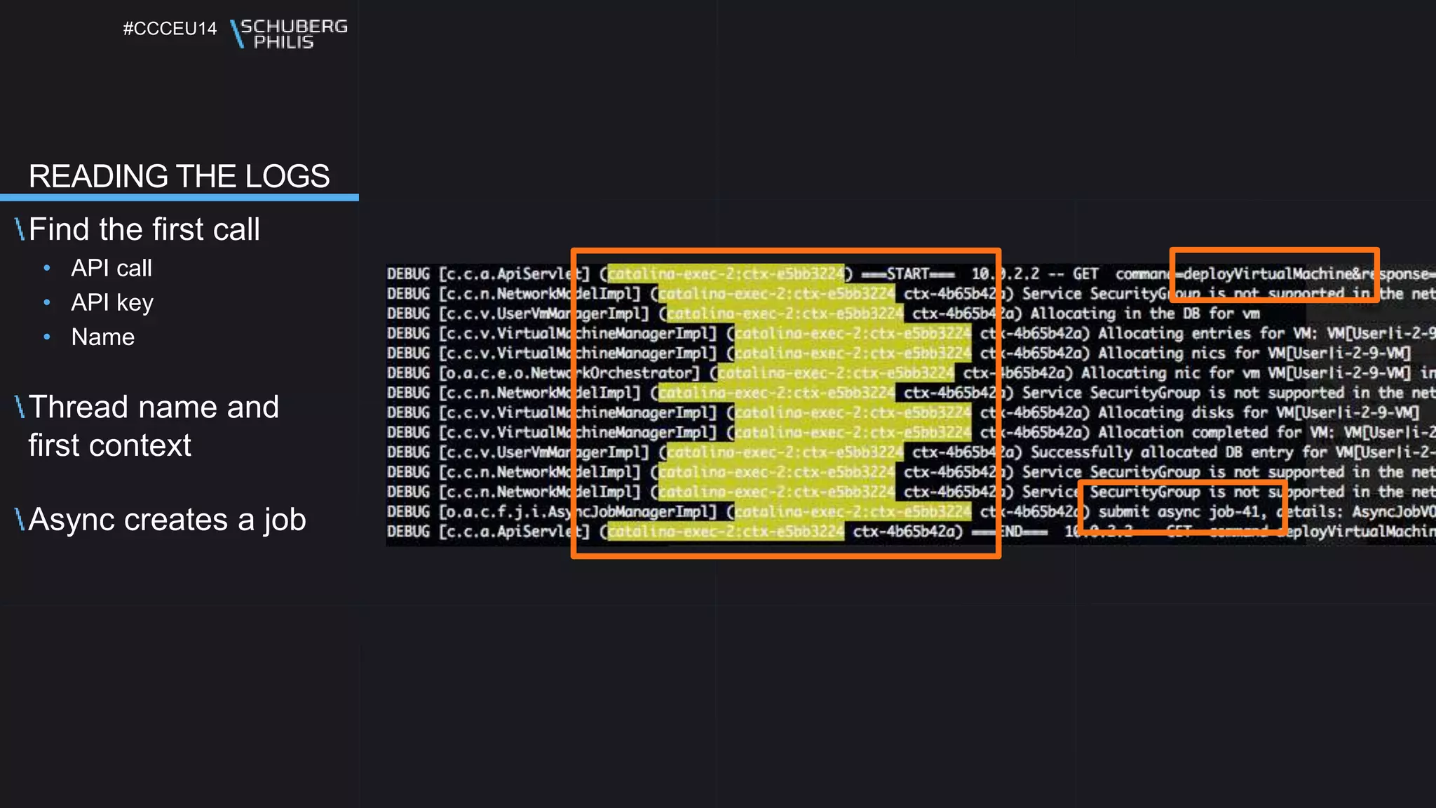#CCCEU14
READING THE LOGS
Find the first call
• API call
• API key
• Name
Thread name and
first context
Async creates a job