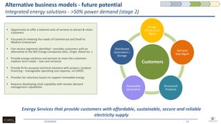 Alternative business models - future potential Integrated energy solutions - >50% power demand (stage 2) 
15/10/2014 
13 
Customers 
Energy Efficiency & Mgmt 
Demand Side Mgmt 
Structured Products 
Renewable Generation 
Distributed Generation / Storage 
Opportunity to offer a tailored suite of services to attract & retain customers 
Focussed on meeting the needs of Commercial and Small to Medium Enterprises 
Five service segments identified – provides customers with an alternative to the BIG Energy Companies (AGL, Origin, Retail etc..) 
Provide energy solutions and services to meet the customers medium term needs – low cost certainty 
Provide fit for purpose technical solutions with project / product financing – manageable operating cost expense, no CAPEX 
Provides for voluntary buyers to support renewable energy 
Requires developing retail capability with remote demand management capabilities 
Energy Services that provide customers with affordable, sustainable, secure and reliable electricity supply  