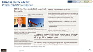 Changing energy industry Dynamic regulatory environment 
15/10/2014 
6 
Source: The Guardian, The Age, ABC, Energy Matters, Solar Council Australia, SMH  