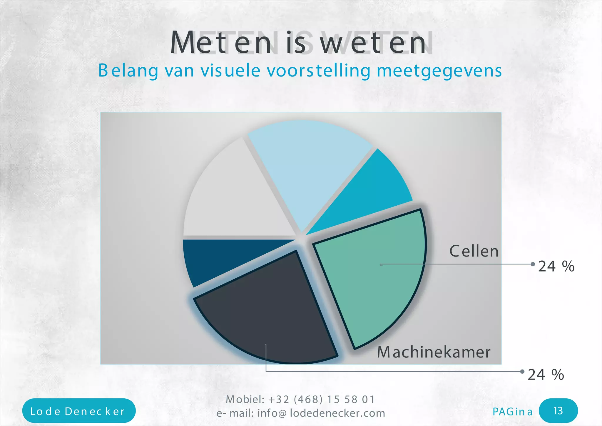 Mobiel: +32 (468) 15 58 01 
e- mail: Lo d e Den ec k e r info@ lodedenecker.com PAGin a 13 
Metenis weten 
Belangvan visuelevoorstellingmeetgegevens 
Machinekamer 
Cellen 
24 % 
24 %  