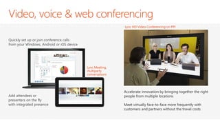 Accelerate innovation by bringing together the right people from multiple locations 
Meet virtually face-to-face more frequently with customers and partners without the travel costs 
Lync HD Video Conferencing on PPI 
Quickly set up or join conference calls from your Windows, Android or iOS device 
Add attendees or presenters on the fly with integrated presence 
Lync Meeting, multiparty conversations  