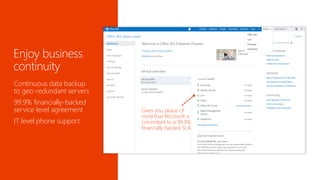 Continuous data backup to geo-redundant servers 
99.9% financially-backed service level agreement 
IT level phone support 
Gives you peace of mind that Microsoft is committed to a 99.9% financially backed SLA  