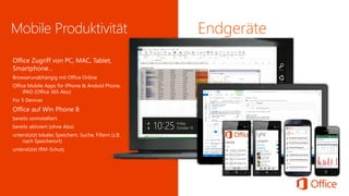 BrowserunabhängigmitOffice Online 
Office Mobile Apps füriPhone & AndoidPhone, iPAD(Office 365 Abo) 
Für5 Devices 
bereits vorinstalliert 
bereits aktiviert (ohne Abo) 
unterstützt lokales Speichern, Suche, Filtern (z.B. nach Speicherort) 
unterstützt IRM-Schutz 
Endgeräte  