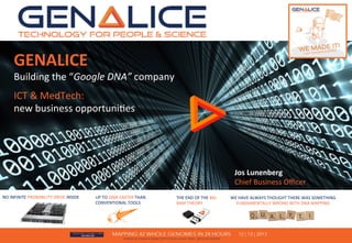 NO 
INFINITE 
PROBABILITY 
DRIVE 
INSIDE 
UP 
TO 
200X 
FASTER 
THAN 
CONVENTIONAL 
TOOLS 
Genalice B.V. the Netherlands confiden'al 
WE 
HAVE 
ALWAYS 
THOUGHT 
THERE 
WAS 
SOMETHING 
FUNDAMENTALLY 
WRONG 
WITH 
DNA 
MAPPING 
THE 
END 
OF 
THE 
BIG 
BAM 
THEORY 
GENALICE 
Building 
the 
“Google 
DNA” 
company 
ICT 
& 
MedTech: 
new 
business 
opportuni'es 
Jos 
Lunenberg 
Chief 
Business 
Officer 
 