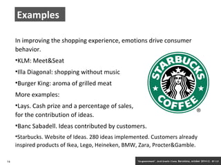 Examples 
In improving the shopping experience, emotions drive consumer 
behavior. 
•KLM: Meet&Seat 
•Illa Diagonal: shopping without music 
•Burger King: aroma of grilled meat 
More examples: 
•Lays. Cash prize and a percentage of sales, 
for the contribution of ideas. 
•Banc Sabadell. Ideas contributed by customers. 
•Starbucks. Website of Ideas. 280 ideas implemented. Customers already 
inspired products of Ikea, Lego, Heineken, BMW, Zara, Procter&Gamble. 
14 ‘Co-government’. Jordi Graells i Costa. Barcelona, october 2014 CC – BY 3.0 
 