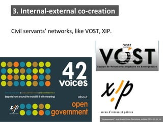 3. Internal-external co-creation 
Civil servants’ networks, like VOST, XIP. 
26 ‘Co-government’. Jordi Graells i Costa. Barcelona, october 2014 CC – BY 3.0 
 