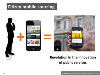 Citizen mobile sourcing 
+ = 
Revolution in the innovation 
of public services 
31 ‘Co-government’. Jordi Graells i Costa. Barcelona, october 2014 CC – BY 3.0 
 