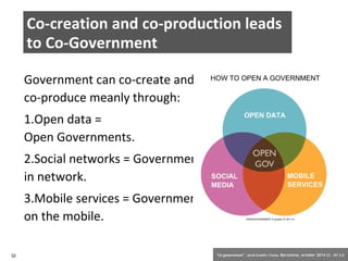 Co-creation and co-production leads 
to Co-Government 
Government can co-create and 
co-produce meanly through: 
1.Open data = 
Open Governments. 
2.Social networks = Government 
in network. 
3.Mobile services = Government 
on the mobile. 
32 ‘Co-government’. Jordi Graells i Costa. Barcelona, october 2014 CC – BY 3.0 
 