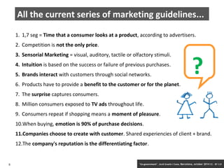 All the current series of marketing guidelines... 
1. 1,7 seg = Time that a consumer looks at a product, according to advertisers. 
2. Competition is not the only price. 
3. Sensorial Marketing = visual, auditory, tactile or olfactory stimuli. 
4. Intuition is based on the success or failure of previous purchases. 
? 
5. Brands interact with customers through social networks. 
6. Products have to provide a benefit to the customer or for the planet. 
7. The surprise captures consumers. 
8. Million consumers exposed to TV ads throughout life. 
9. Consumers repeat if shopping means a moment of pleasure. 
10.When buying, emotion is 90% of purchase decisions. 
11.Companies choose to create with customer. Shared experiencies of client + brand. 
12.The company's reputation is the differentiating factor. 
5 ‘Co-government’. Jordi Graells i Costa. Barcelona, october 2014 CC – BY 3.0 
 