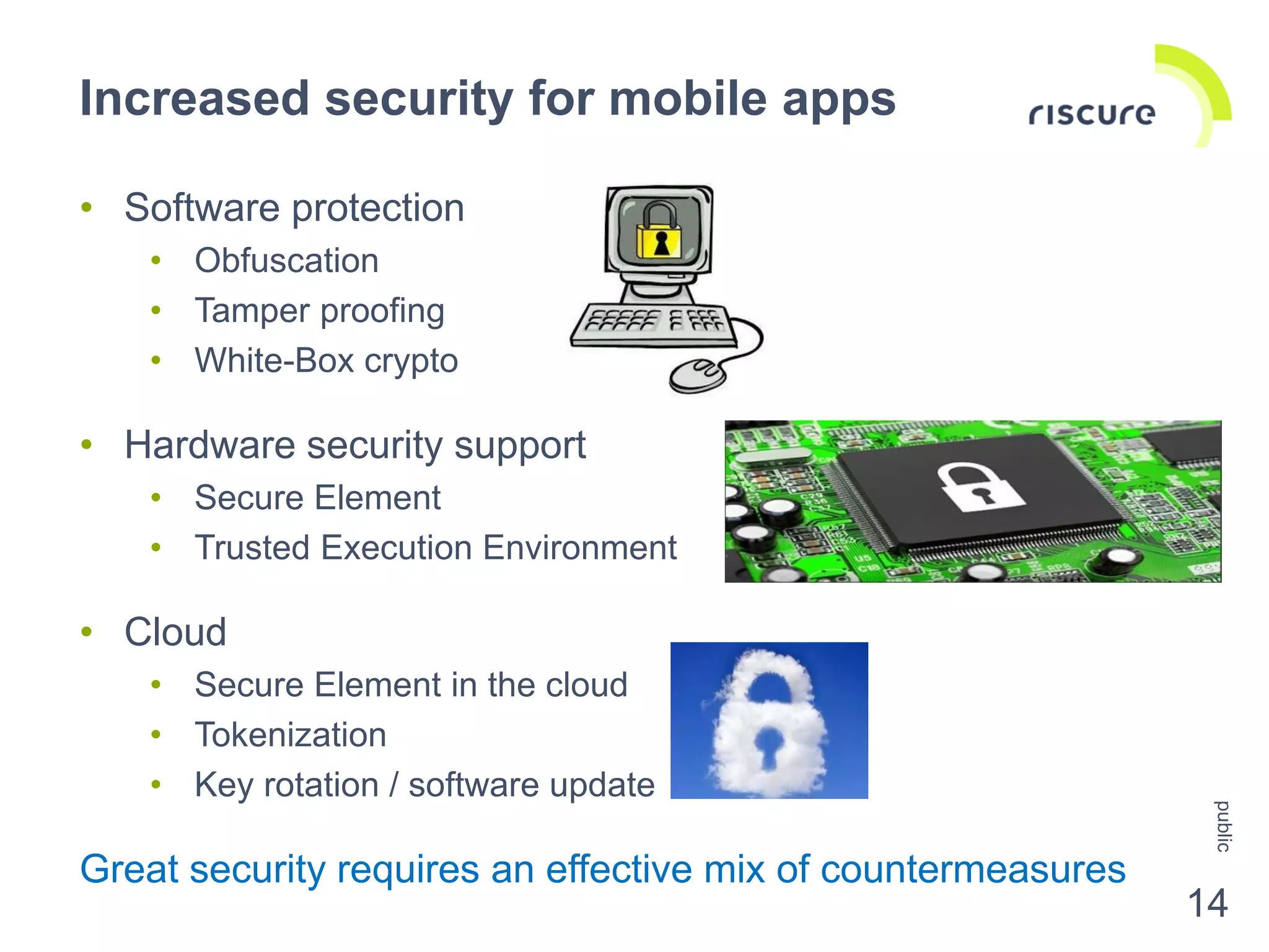 • Software protection
• Obfuscation
• Tamper proofing
• White-Box crypto
• Hardware security support
• Secure Element
• Trusted Execution Environment
• Cloud
• Secure Element in the cloud
• Tokenization
• Key rotation / software update
Great security requires an effective mix of countermeasures
Increased security for mobile apps
public
14
 