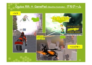 Oculus Rift ＋ GamePad (XboxOne Controller）　デモゲーム 
10 
バイク 
ヘリコプター 
 