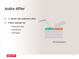 Andre APIer 
7 
3. parter kan publisere data 
Felles metode for 
• Uthenting av data 
• Autentisering 
• Autorisasjon 
 