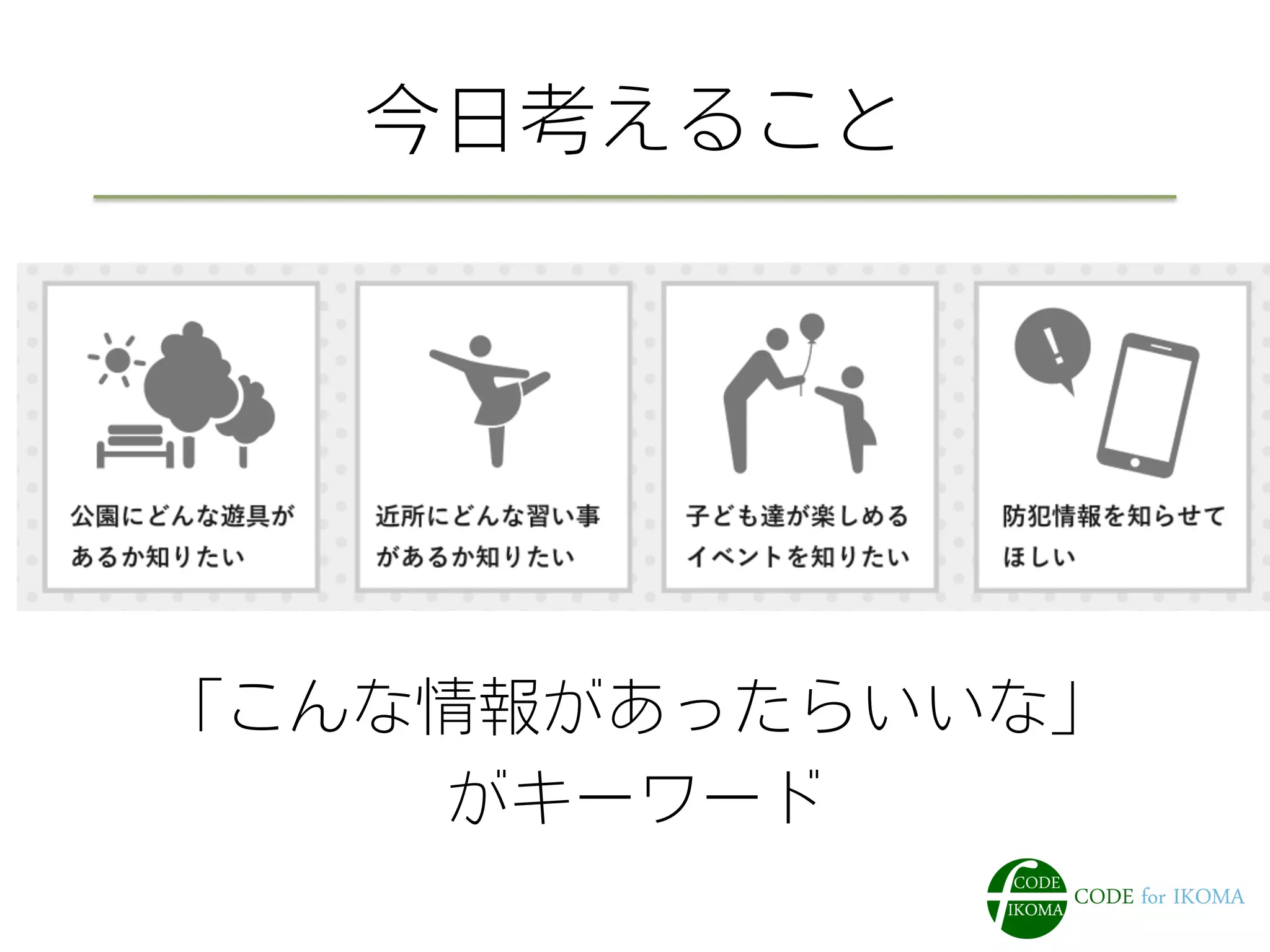 今日考えること
「こんな情報があったらいいな」
がキーワード
 