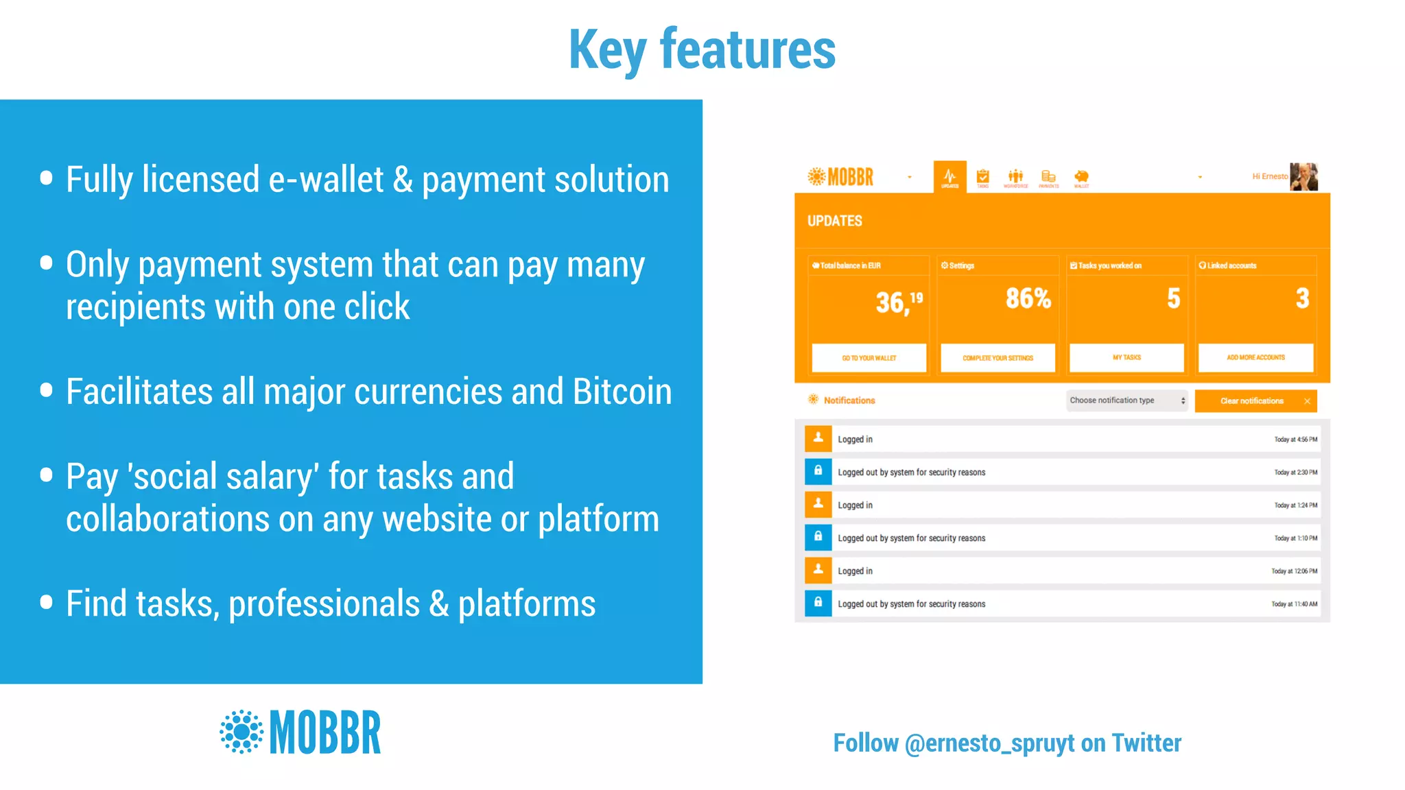 Key features 
• Fully licensed e-wallet & payment solution 
! • Only payment system that can pay many 
recipients with one click 
! • Facilitates all major currencies and Bitcoin 
! • Pay 'social salary' for tasks and 
collaborations on any website or platform 
! • Find tasks, professionals & platforms 
Follow @ernesto_spruyt on Twitter 
 