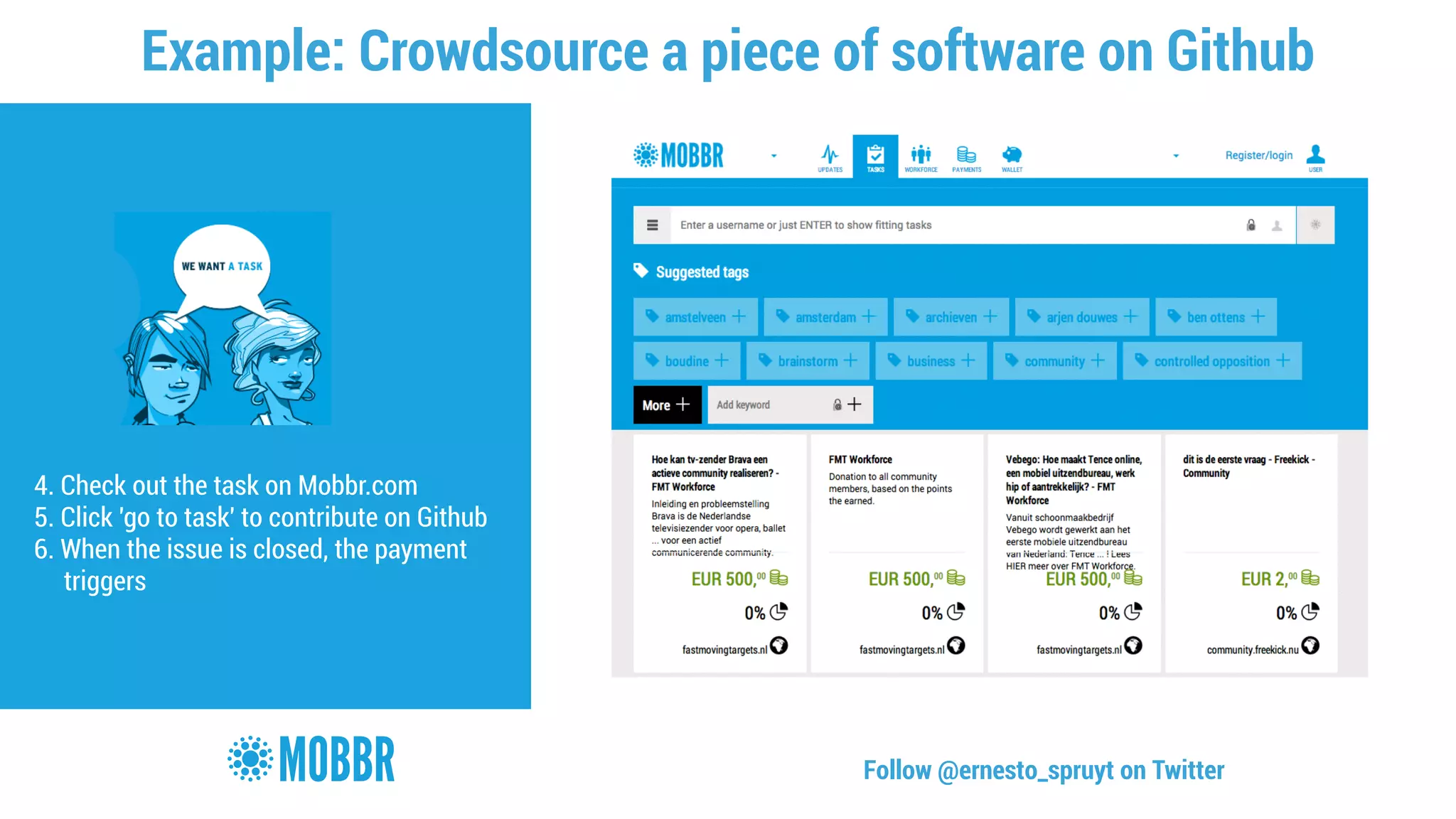 Example: Crowdsource a piece of software on Github 
! 
4. Check out the task on Mobbr.com 
5. Click 'go to task' to contribute on Github 
6. When the issue is closed, the payment 
triggers 
Follow @ernesto_spruyt on Twitter 
 