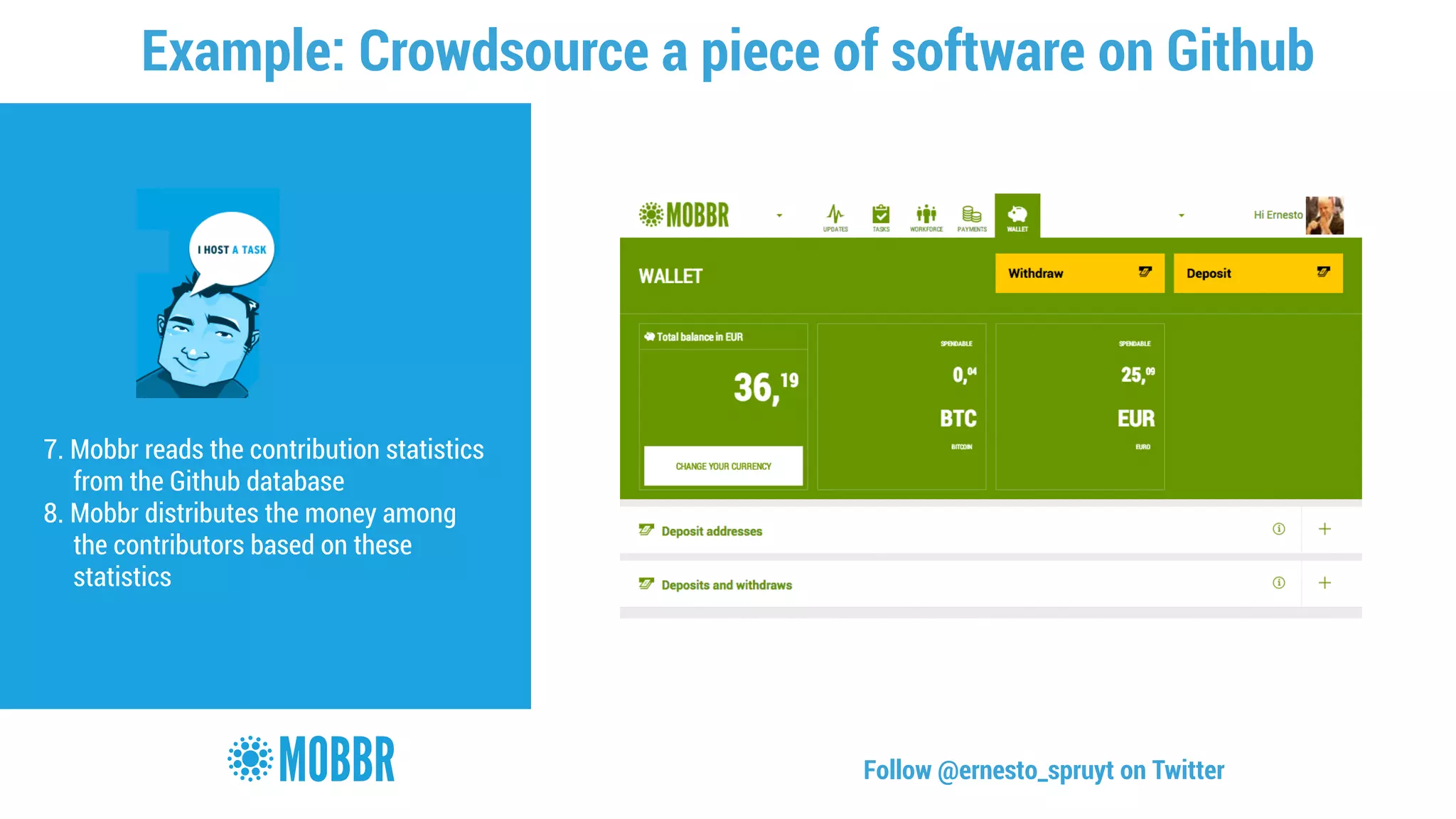 Example: Crowdsource a piece of software on Github 
! 
7. Mobbr reads the contribution statistics 
from the Github database 
8. Mobbr distributes the money among 
the contributors based on these 
statistics 
Follow @ernesto_spruyt on Twitter 
 
