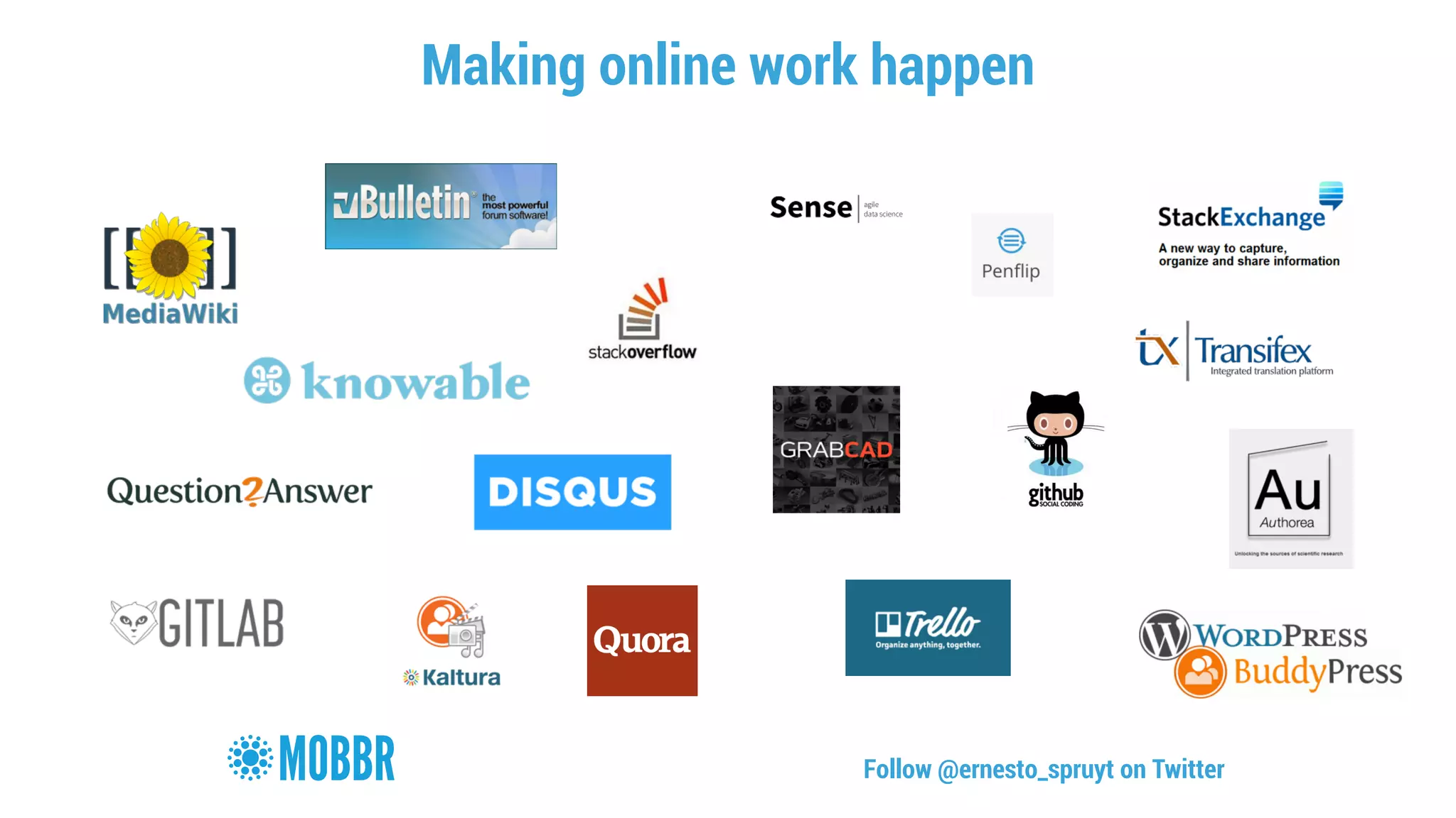 Making online work happen 
Follow @ernesto_spruyt on Twitter 
 