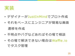 実装 
• デザイナーがJustInMindでプロト作成 
• それをベースにエンジニアが簡易易な画⾯面 
遷移を作成 
• 不不明点やバグなどあればその場で相談 
• その場で解決できない場合はWaffle.io 
でタスク管理理 
25 
 