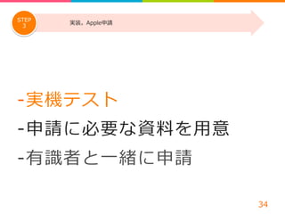 -‐‑‒ 実機テスト 
-‐‑‒ 申請に必要な資料料を⽤用意 
-‐‑‒ 有識識者と⼀一緒に申請 
34 
STEP 実装。Apple申請 
3 
 