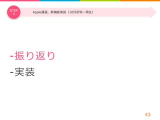 -‐‑‒ 振り返り 
-‐‑‒ 実装 
43 
STEP Apple通過。新機能実装（10⽉月初旬〜～現在） 
4 
 