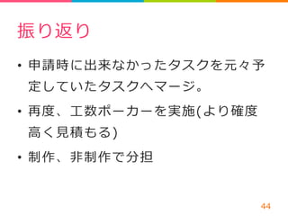 振り返り 
• 申請時に出来なかったタスクを元々予 
定していたタスクへマージ。 
• 再度度、⼯工数ポーカーを実施(より確度度 
⾼高く⾒見見積もる) 
• 制作、⾮非制作で分担 
 
44 
 