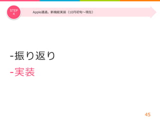 -‐‑‒ 振り返り 
-‐‑‒ 実装 
45 
STEP Apple通過。新機能実装（10⽉月初旬〜～現在） 
4 
 