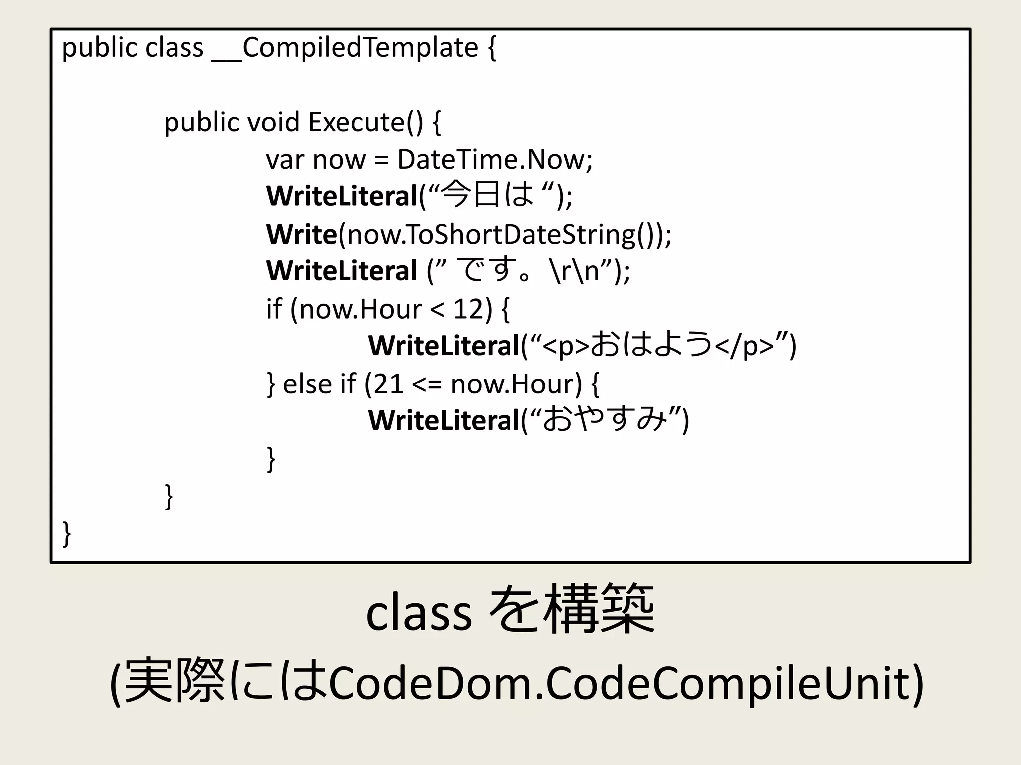 public class __CompiledTemplate { 
public void Execute() { 
var now = DateTime.Now; 
WriteLiteral(“今日は“); 
Write(now.ToShortDateString()); 
WriteLiteral (” です。rn”); 
if (now.Hour < 12) { 
WriteLiteral(“<p>おはよう</p>”) 
} else if (21 <= now.Hour) { 
WriteLiteral(“おやすみ”) 
class を構築 
} 
} 
(実際にはCodeDom.CodeCompileUnit) 
} 
 