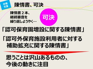 陳情書、可決 
陳情書２本、 
継続審査を 
繰り返しようやく… 
「認可保育園増設に関する陳情書」 
「認可外保育施設利用者に対する 
補助拡充に関する陳情書」 
可決 
思うことは沢山あるものの、 
今後の動きに注目  