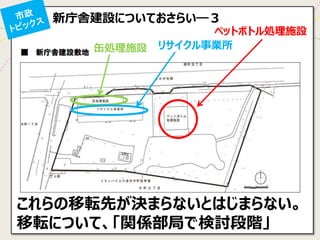 これらの移転先が決まらないとはじまらない。 
移転について、「関係部局で検討段階」 
缶処理施設 
リサイクル事業所 
ペットボトル処理施設 
新庁舎建設についておさらい―３  