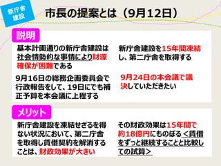 市長の提案とは（9月12日） 
基本計画通りの新庁舎建設は 社会情勢的な事情により財源 確保が困難である 
新庁舎建設を15年間凍結 し、第二庁舎を取得する 
9月16日の総務企画委員会で 行政報告をして、19日にでも補 正予算を本会議に上程する 
9月24日の本会議で議 決していただきたい 
新庁舎建設を凍結せざるを得 ない状況において、第二庁舎 を取得し賃借契約を解消する ことは、財政効果が大きい 
その財政効果は15年間で 約18億円にものぼる＜賃借 をずっと継続することと比較し ての試算＞ 
説明 
メリット  