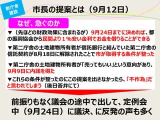 市長の提案とは（9月12日） 
なぜ、急ぐのか 
▼（先ほどの財政効果に含まれるが）9月24日までに決めれば、都 の振興協会から民間より１％安い金利でお金を借りることができる 
▼第二庁舎の土地建物所有者が信託銀行と結んでいた第二庁舎の 信託契約が8月18日に解除されたことで市が取得する条件が整った 
▼第二庁舎の土地建物所有者が「売ってもいい」という意向があり、 9月9日に内諾を得た 
▼これらの条件が整ったのにこの提案を出さなかったら、「不作為」だ と言われてしまう（後日答弁にて） 
前振りもなく議会の途中で出して、定例会 中（9月24日）に議決、に反発の声も多く  